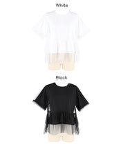 日系甜美薄纱罩衫設計短袖上衣 (Silky Touch Tulle Docking Top)
