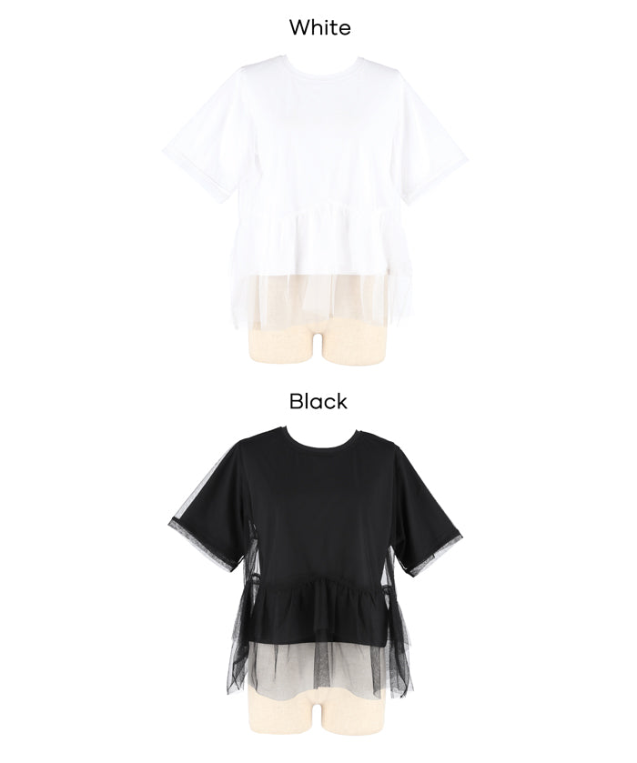 日系甜美薄纱罩衫設計短袖上衣 (Silky Touch Tulle Docking Top)