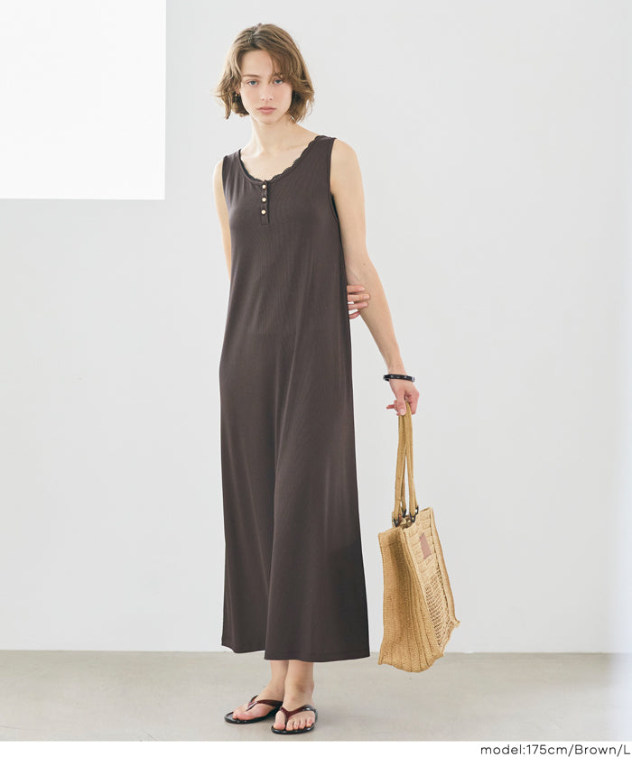 亨利領蕾絲螺紋無袖連身裙 (Ribbed button dress)