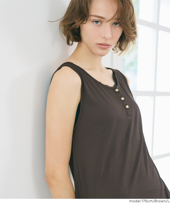 亨利領蕾絲螺紋無袖連身裙 (Ribbed button dress)