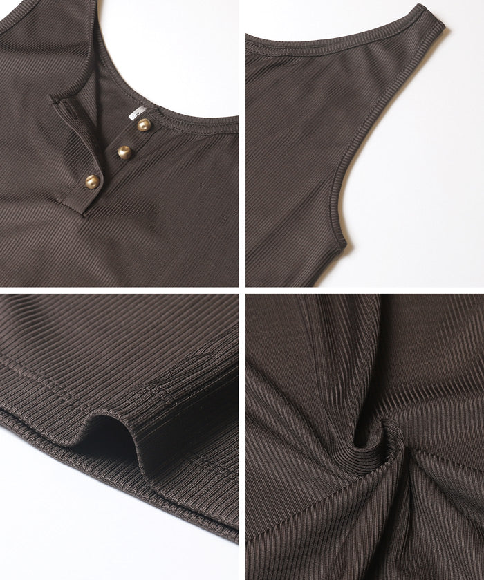 亨利領蕾絲螺紋無袖連身裙 (Ribbed button dress)