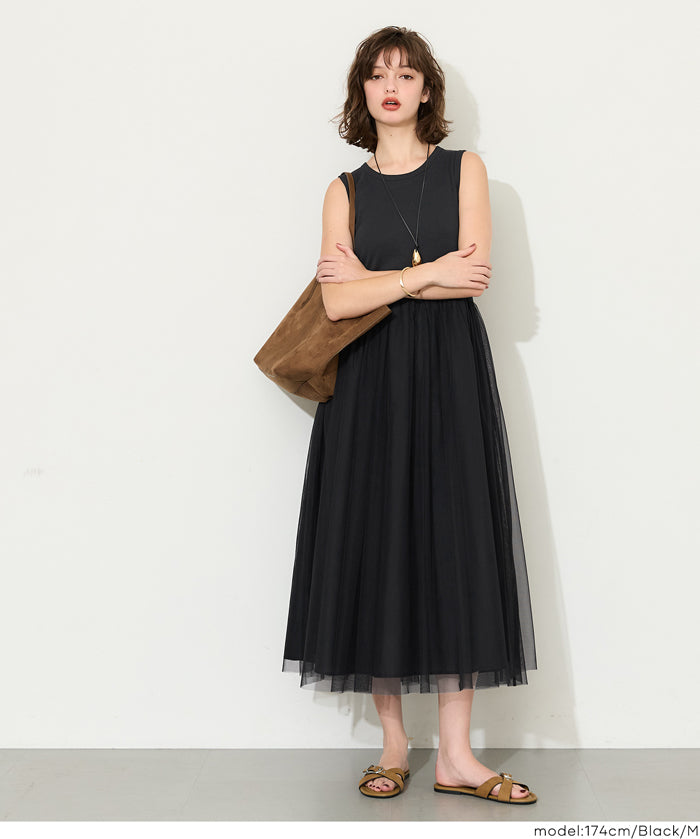 日細紗裙拼接無袖連衣裙  (Tulle-paneled dress)
