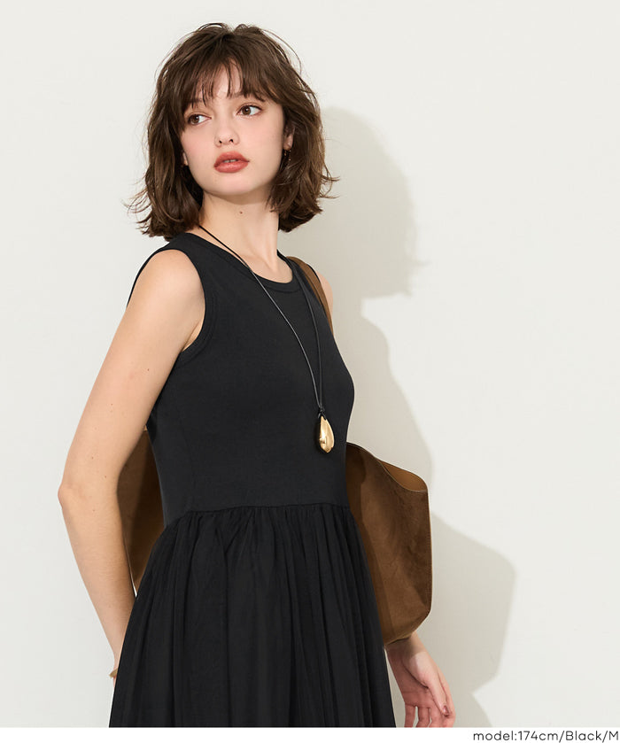 日細紗裙拼接無袖連衣裙  (Tulle-paneled dress)
