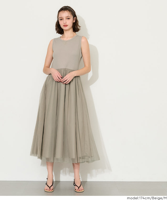 日細紗裙拼接無袖連衣裙  (Tulle-paneled dress)