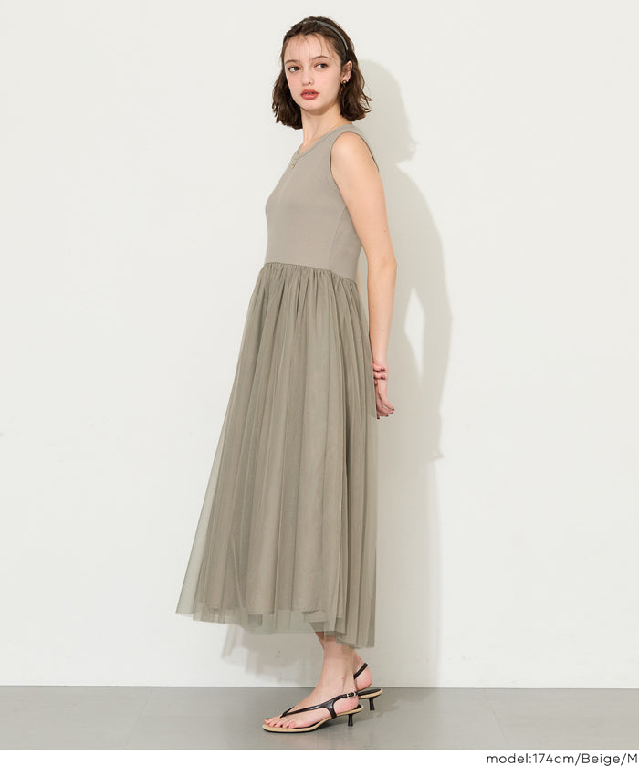 日細紗裙拼接無袖連衣裙  (Tulle-paneled dress)