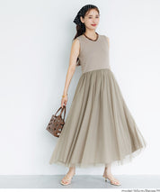 日細紗裙拼接無袖連衣裙  (Tulle-paneled dress)