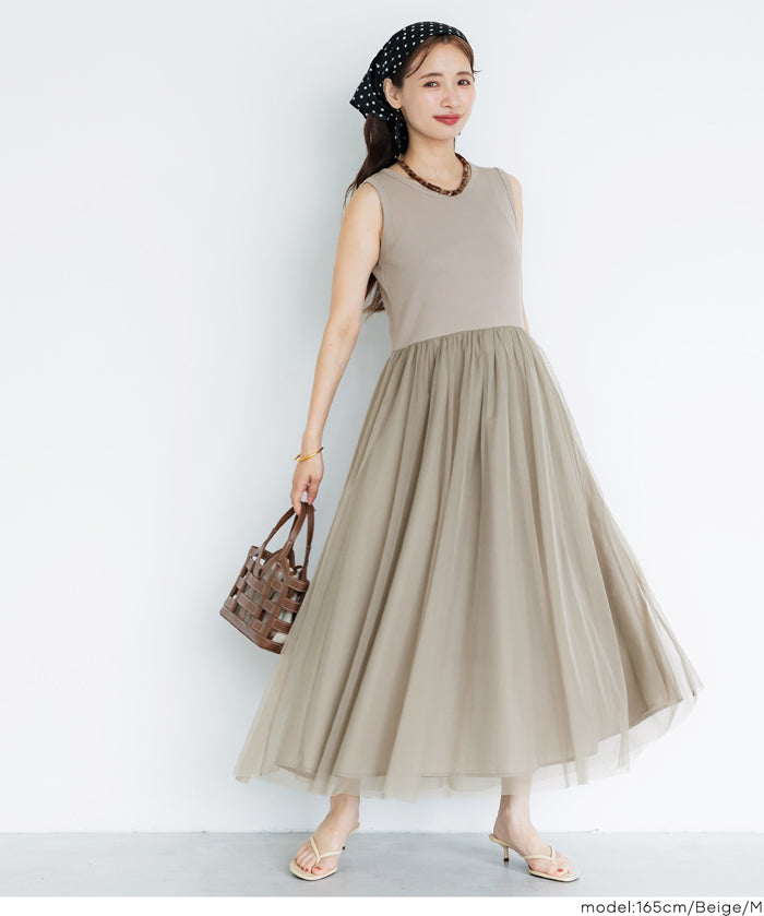 日細紗裙拼接無袖連衣裙  (Tulle-paneled dress)