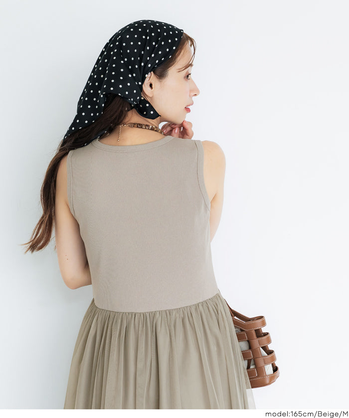日細紗裙拼接無袖連衣裙  (Tulle-paneled dress)