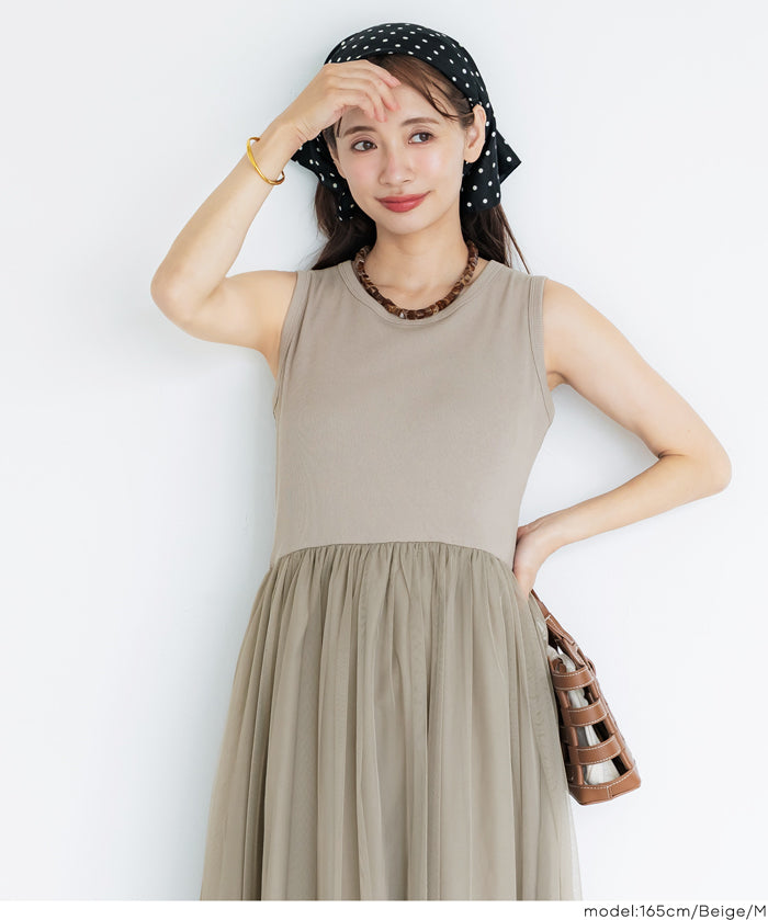 日細紗裙拼接無袖連衣裙  (Tulle-paneled dress)
