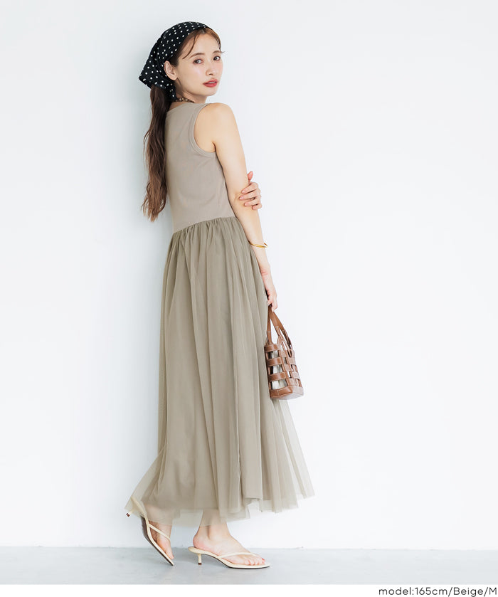 日細紗裙拼接無袖連衣裙  (Tulle-paneled dress)