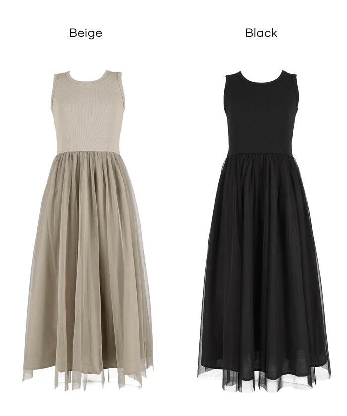日細紗裙拼接無袖連衣裙  (Tulle-paneled dress)
