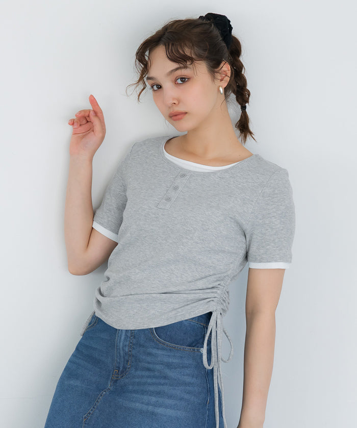 層次收腰綁帶設計感上衣 (Side-gathered layered T-shirt)