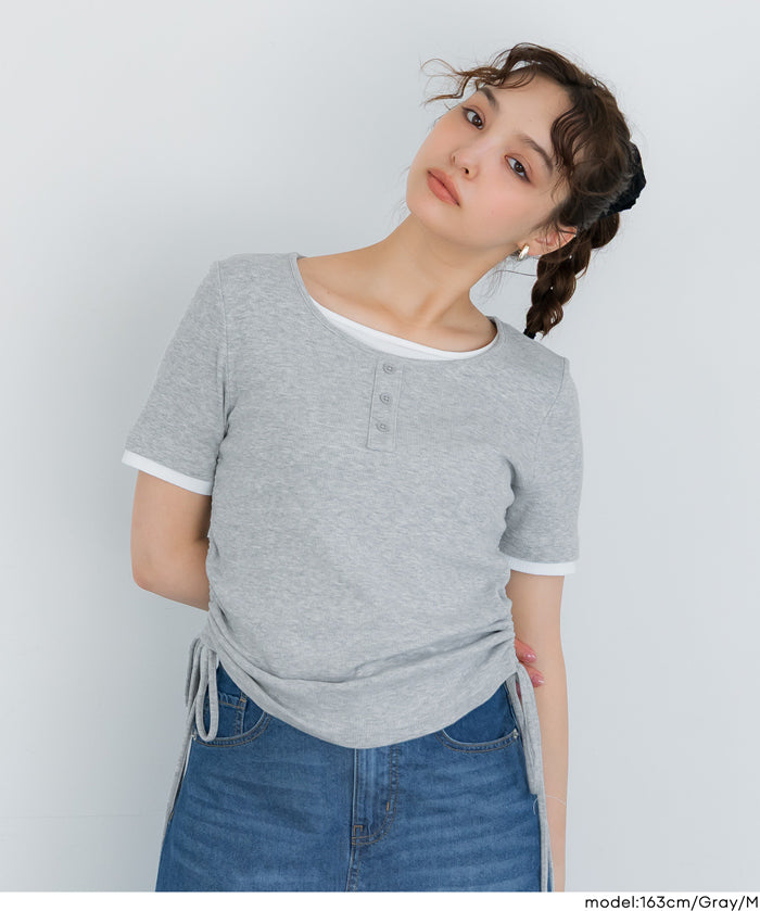 層次收腰綁帶設計感上衣 (Side-gathered layered T-shirt)