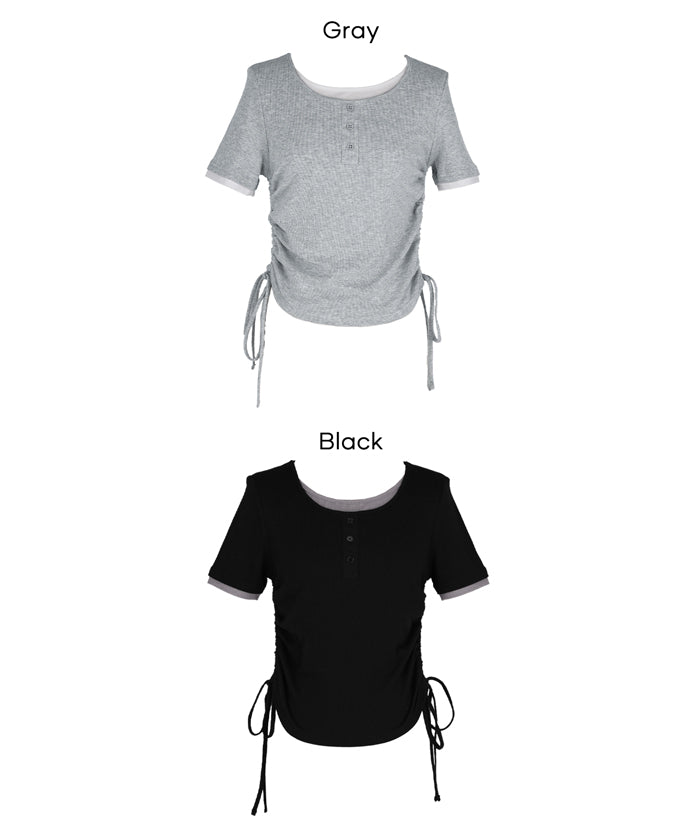 層次收腰綁帶設計感上衣 (Side-gathered layered T-shirt)