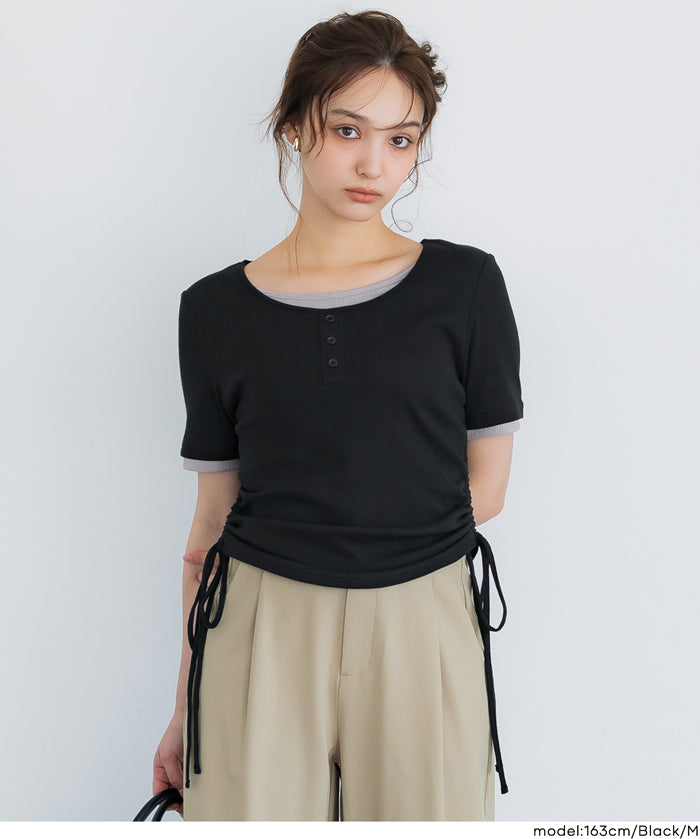 層次收腰綁帶設計感上衣 (Side-gathered layered T-shirt)