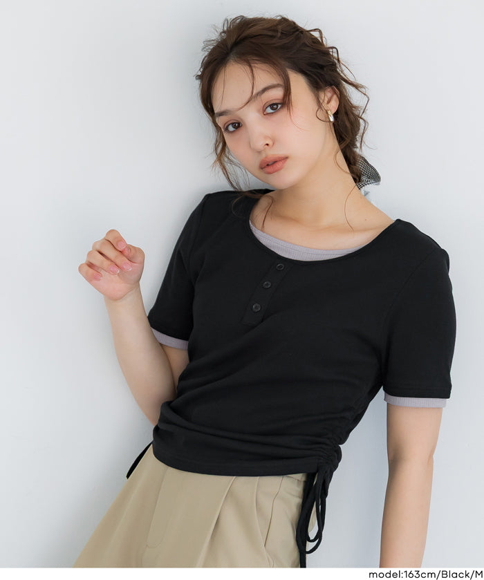 層次收腰綁帶設計感上衣 (Side-gathered layered T-shirt)