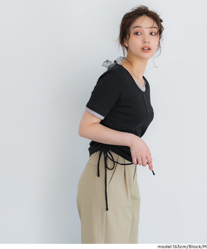 層次收腰綁帶設計感上衣 (Side-gathered layered T-shirt)