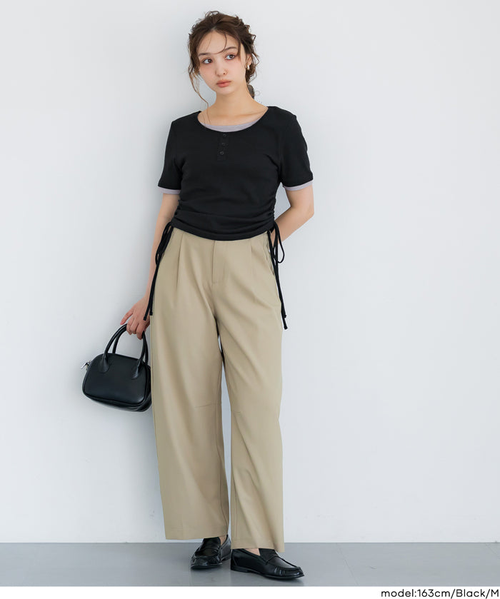 層次收腰綁帶設計感上衣 (Side-gathered layered T-shirt)