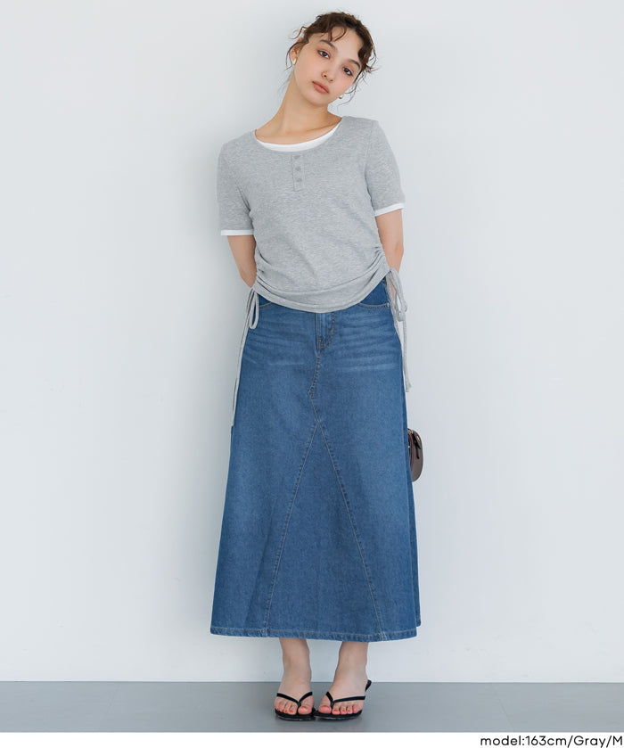 層次收腰綁帶設計感上衣 (Side-gathered layered T-shirt)
