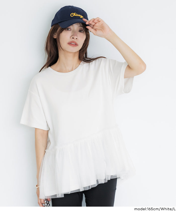 日系雙層蕾絲拼接娃娃短袖上衣 (Tulle-docking gathered T-shirt )