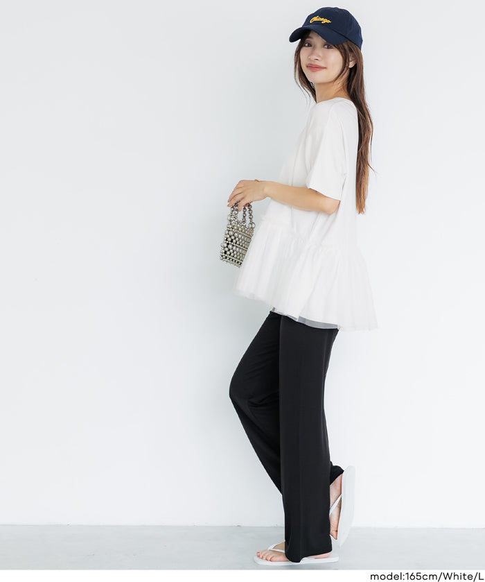 日系雙層蕾絲拼接娃娃短袖上衣 (Tulle-docking gathered T-shirt )