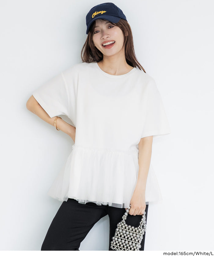 日系雙層蕾絲拼接娃娃短袖上衣 (Tulle-docking gathered T-shirt )