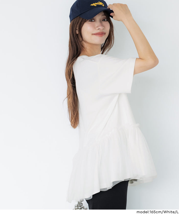 日系雙層蕾絲拼接娃娃短袖上衣 (Tulle-docking gathered T-shirt )