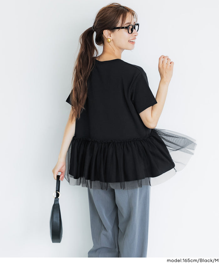 日系雙層蕾絲拼接娃娃短袖上衣 (Tulle-docking gathered T-shirt )
