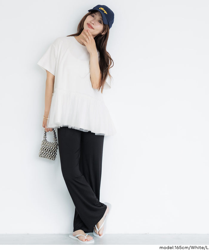 日系雙層蕾絲拼接娃娃短袖上衣 (Tulle-docking gathered T-shirt )