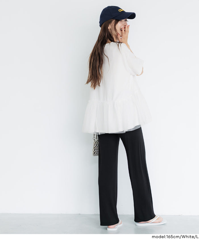日系雙層蕾絲拼接娃娃短袖上衣 (Tulle-docking gathered T-shirt )