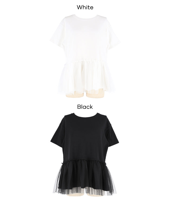 日系雙層蕾絲拼接娃娃短袖上衣 (Tulle-docking gathered T-shirt )