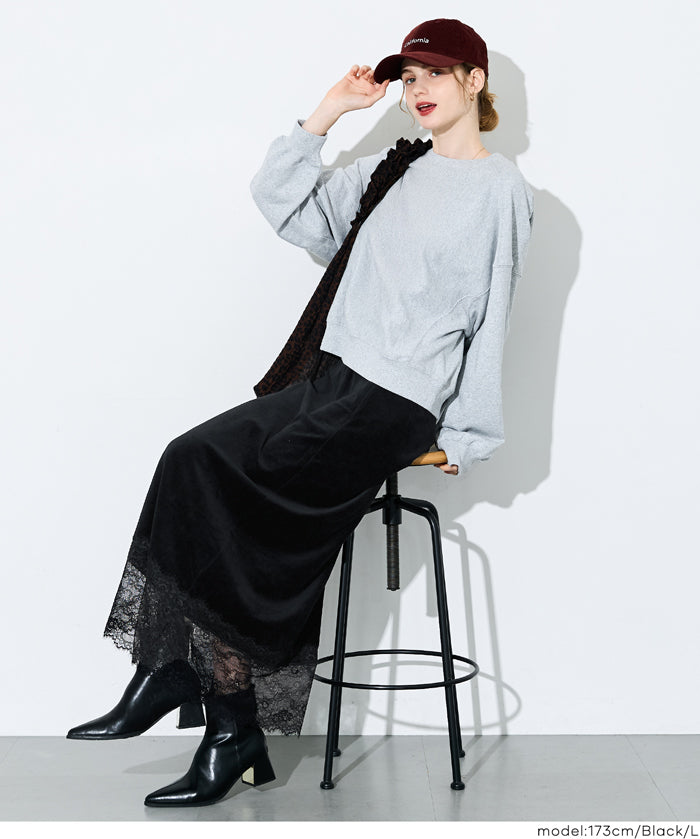 【早秋新品】 絲絨質感蕾絲拼接長裙