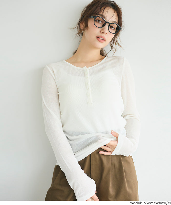 【早秋新品】 透膚亨利領長袖T-Shirt