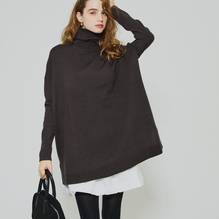 高領中長款顯瘦蝙蝠袖針織上衣