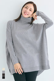 高領中長款顯瘦蝙蝠袖針織上衣