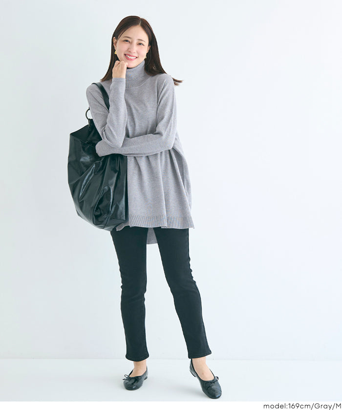 高領中長款顯瘦蝙蝠袖針織上衣