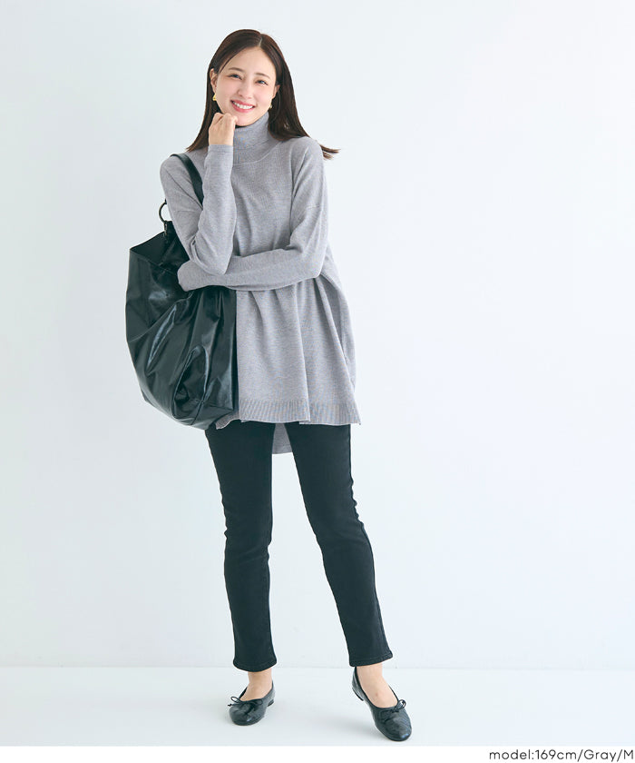 高領中長款顯瘦蝙蝠袖針織上衣