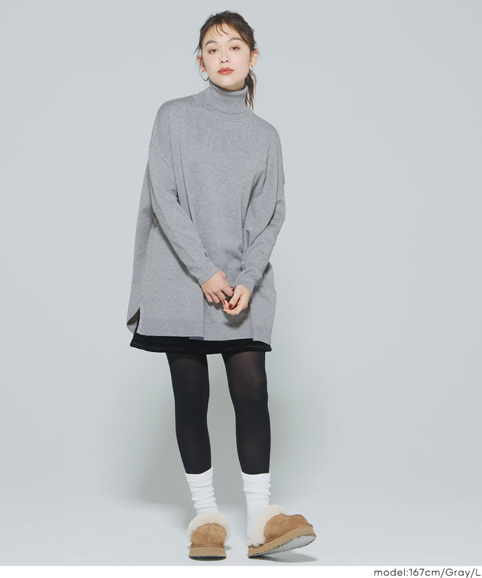 高領中長款顯瘦蝙蝠袖針織上衣