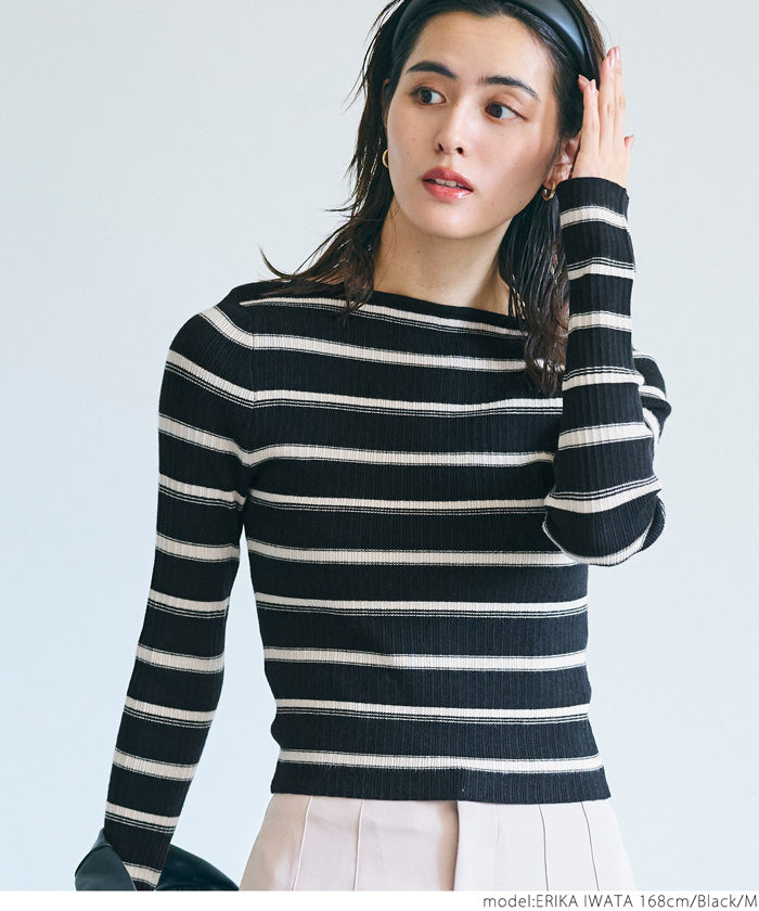 Light Striped Boat Neck Knit Top