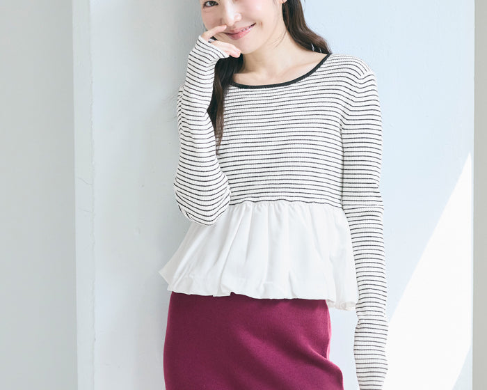 Japanese style sweet long-sleeved patchwork knitted babydoll top