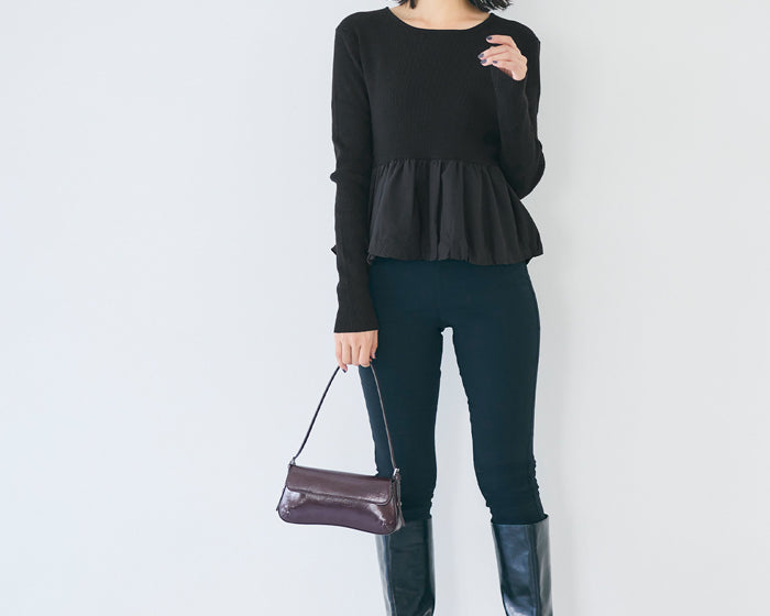 Japanese style sweet long-sleeved patchwork knitted babydoll top