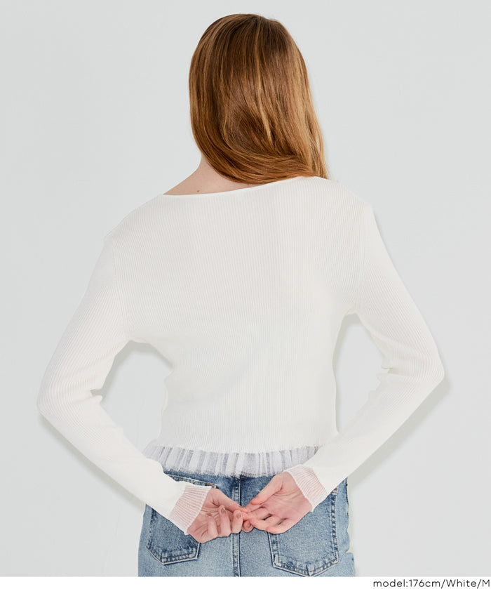 Lace-trimmed long-sleeved knit top