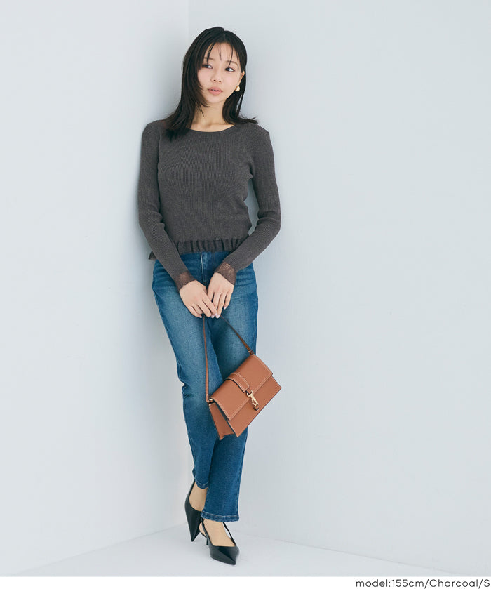 Lace-trimmed long-sleeved knit top