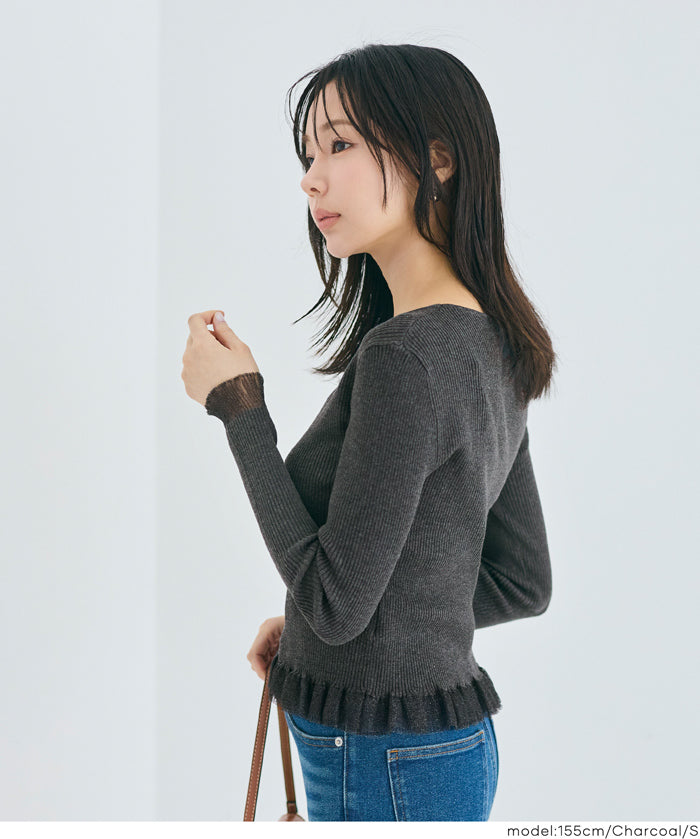 Lace-trimmed long-sleeved knit top