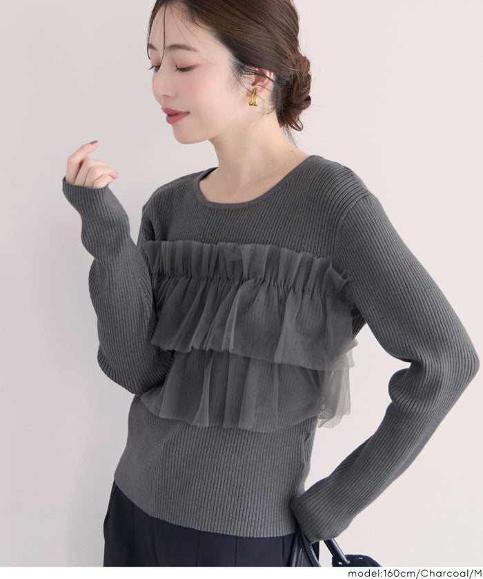 日系蕾絲造型長袖針織上衣