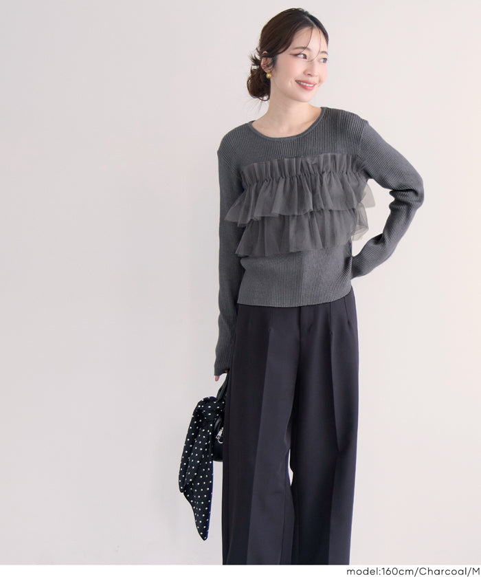 日系蕾絲造型長袖針織上衣