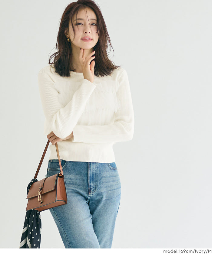 日系蕾絲造型長袖針織上衣