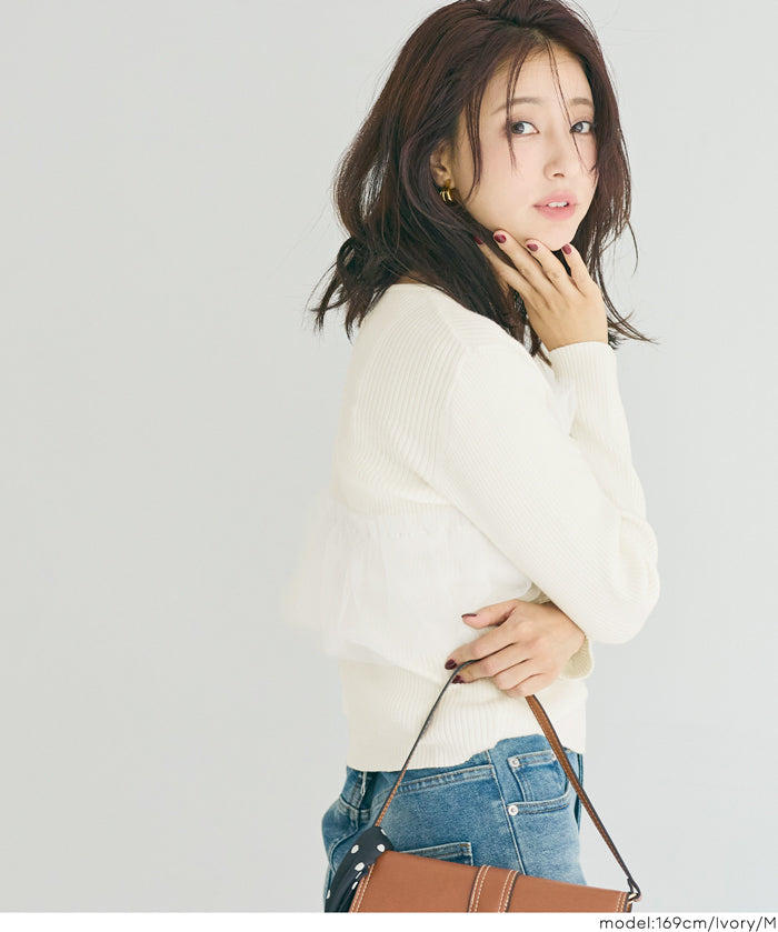 日系蕾絲造型長袖針織上衣