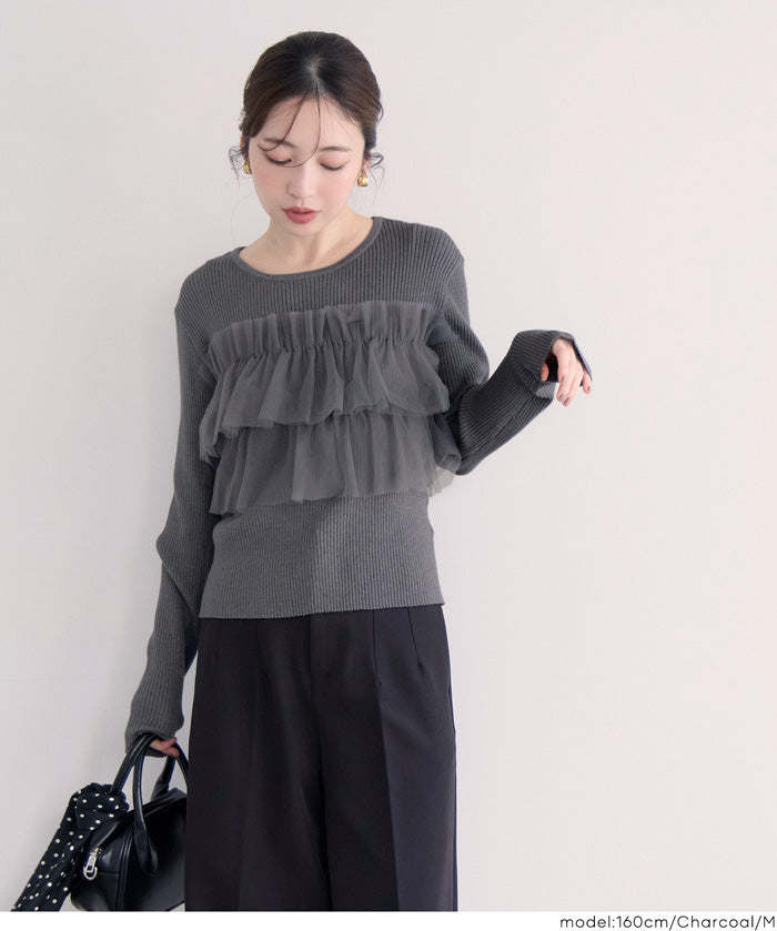 日系蕾絲造型長袖針織上衣