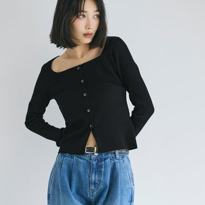 方領長袖針織上衣開衫